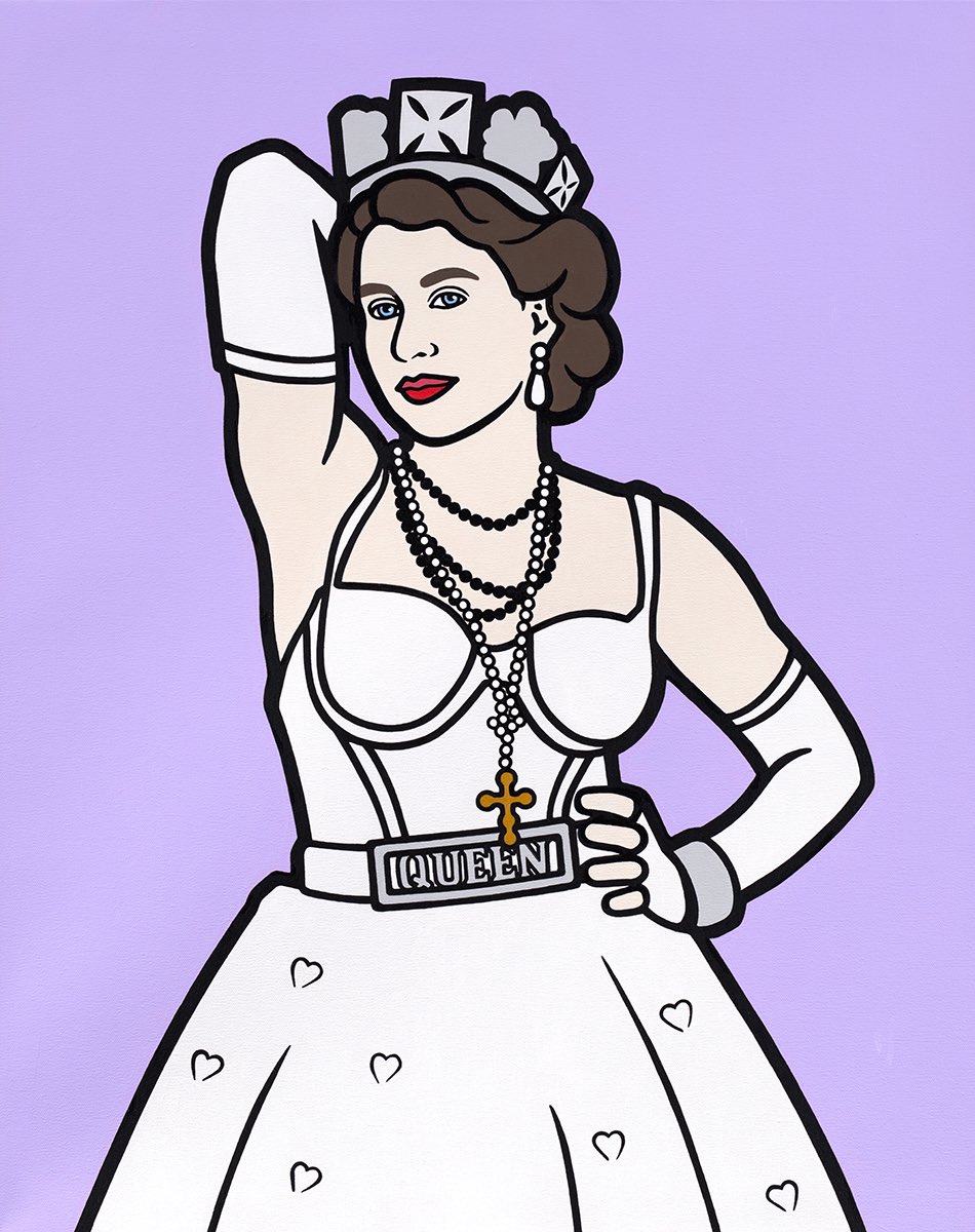 TrevorWayne's tweet photo. My portrait, a mash up of two queens. I am really saddened by the news. 😞😞😞This is heartbreaking. RIP Elizabeth. #queenelizabeth #trevorwayne #popart #trevorwaynepopart #americanpopart #madonna #contemporaryart @madonna https://t.co/iK2noP4VvD
