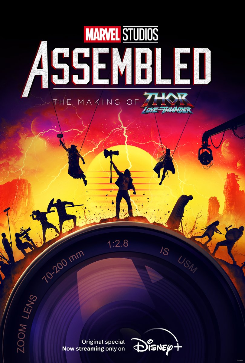 Marvel's tweet photo. Check out the new poster for Marvel Studios Assembled: The Making of #ThorLoveAndThunder, now streaming only on @DisneyPlus: https://t.co/mp1YWgV0qe https://t.co/mJeXPUZEoD