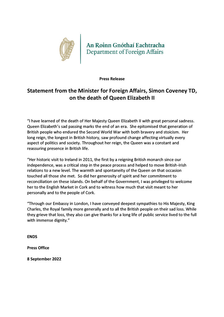 Statement from the Minister for Foreign Affairs, Simon Coveney TD, on the death of Queen Elizabeth II