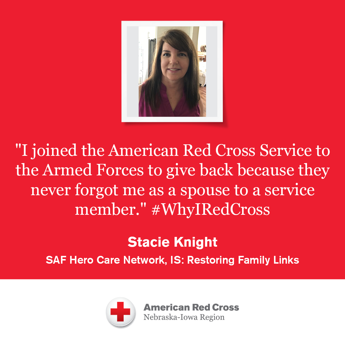 IowaRedCross's tweet photo. Stacie is a dedicated volunteer with our Service to the Armed Forces team. She supports military personnel and their families during deployments and beyond. To learn more about Service to the Armed Forces, visit https://t.co/QrGMOUOSZ4 #WhyIRedCross https://t.co/ry0McIYQsI