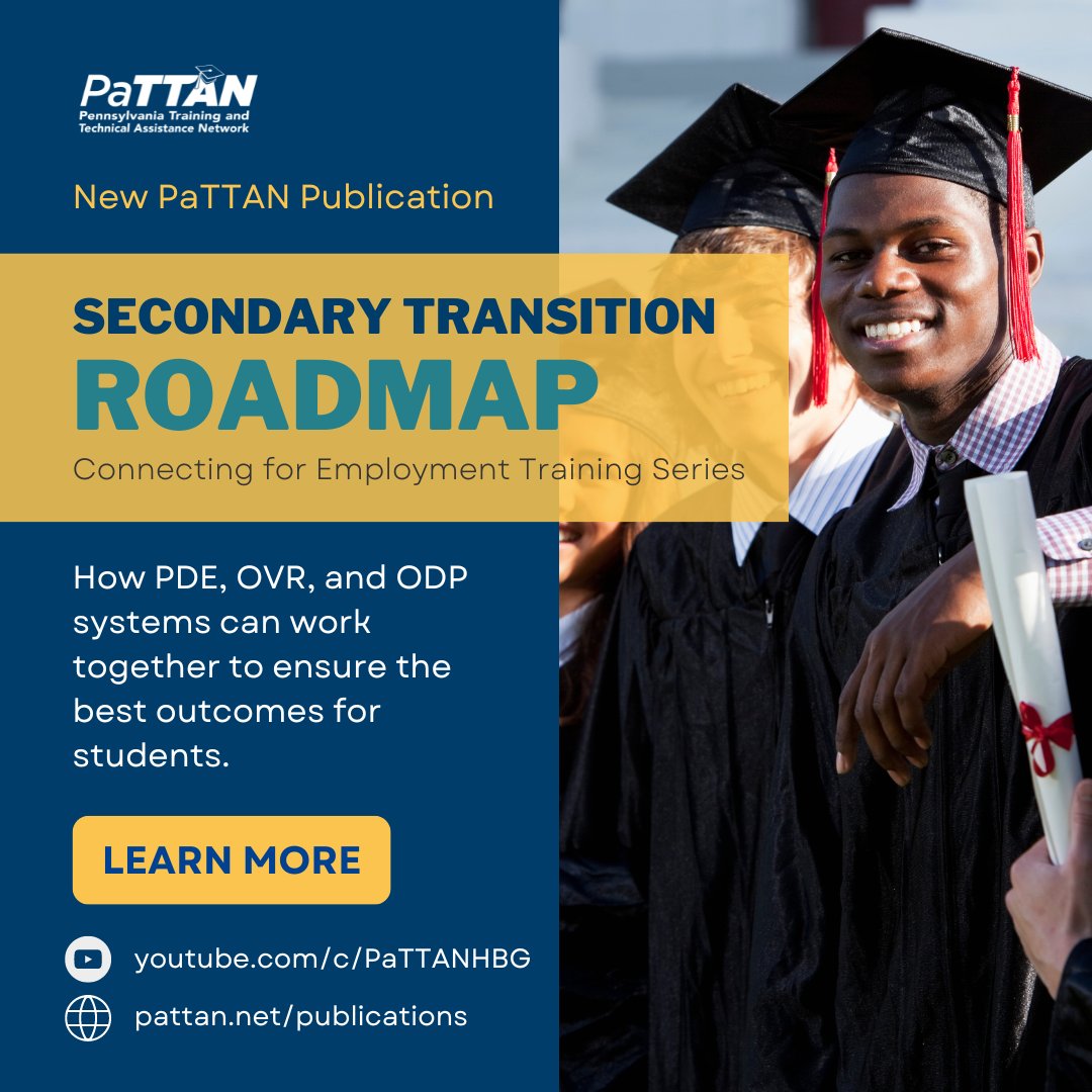 pattanupdates's tweet photo. New PaTTAN Publication Alert! This Secondary Transition Roadmap illustrates how the Education, OVR, and ODP systems can work together to ensure the best outcomes for students. This graphic accompanies the Connecting for Employment Training Series: https://t.co/Qsa1QBs8nw https://t.co/zdSpHMuq37