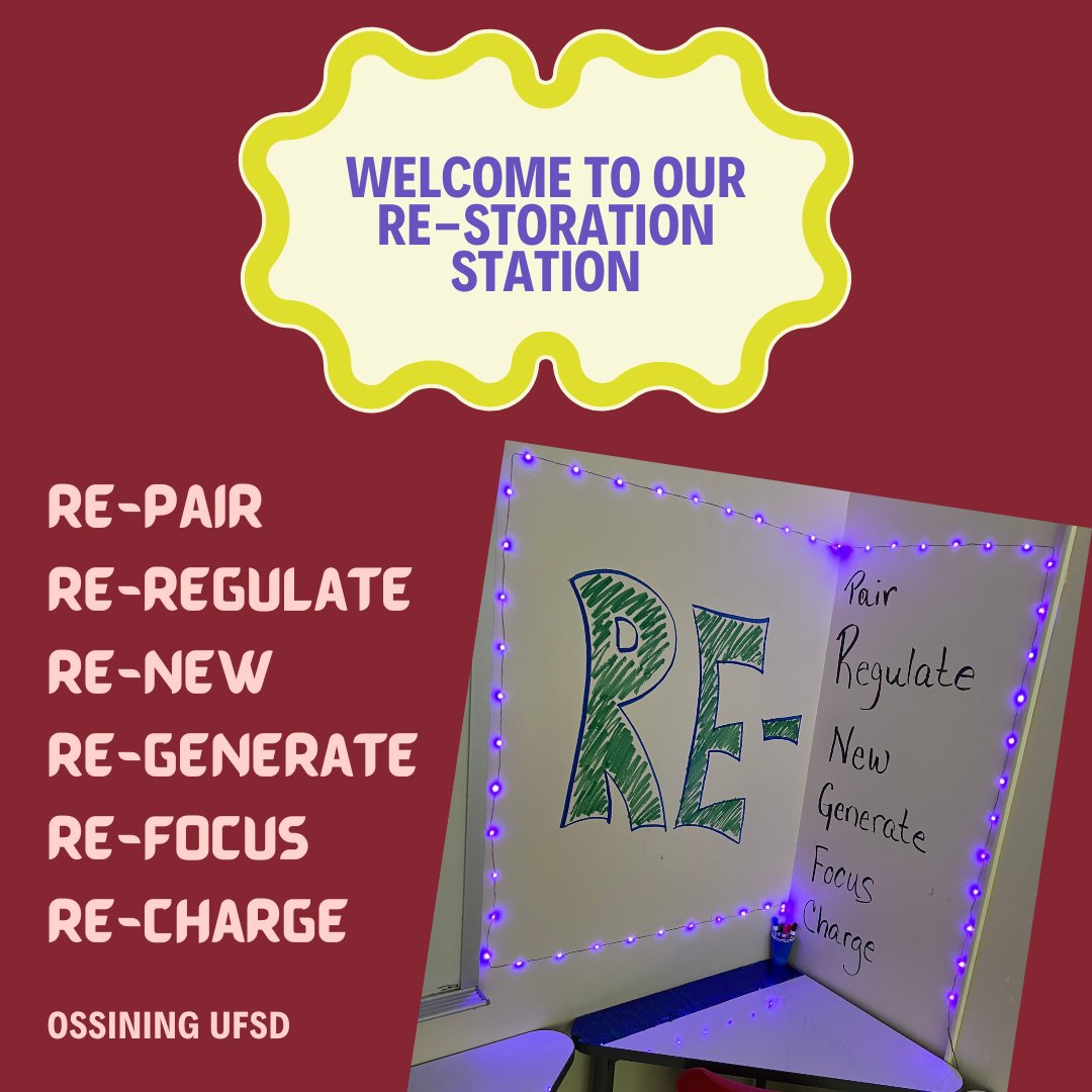 elysej4rj's tweet photo. Need a minute to gather yourself? Come visit Room 101 at AMD and sit for a bit in our "Re-storation Station". A space for our students (and staff!) to visit during these hectic days! #RestorativeJustice #AMD #RJEd #middleschool #reregulate @OssiningSchools @AMD_OPRIDE @NEDRPE2E https://t.co/OXVKGWPNN6