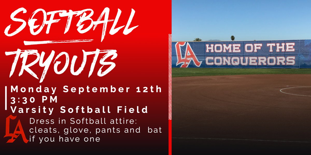 Tryouts for Softball will take place next Monday at 3:30. All interested must attend the tryout. Fall Athletes will be given a chance to tryout after the Fall season is over.
<a href="/LAConqSoftball/">LAConqSoftball</a>