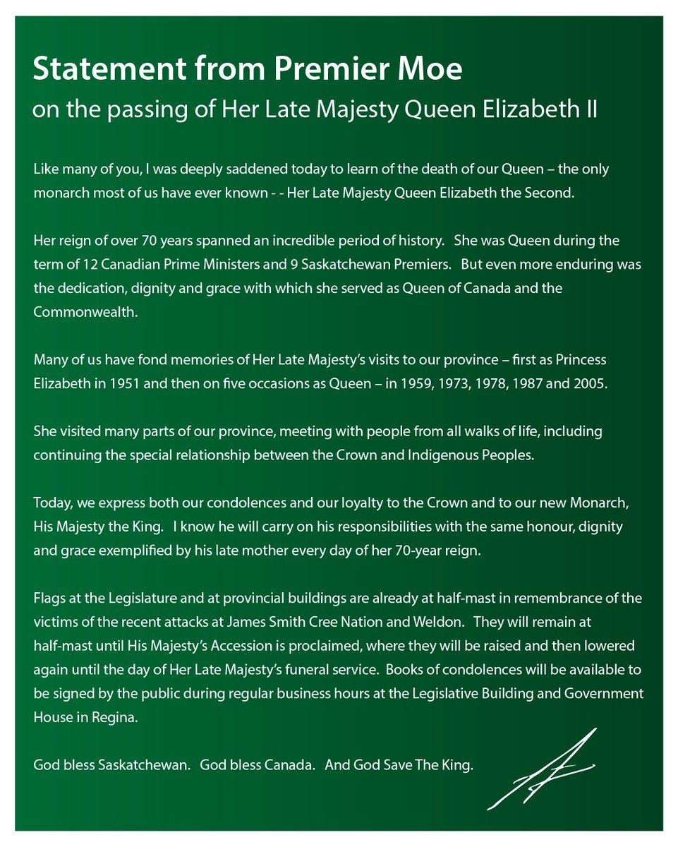 PremierScottMoe's tweet image. I was saddened to receive the news of Her Late Majesty’s passing today, read my statement below:
