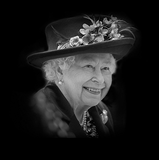 A black and white portrait of Queen Elizabeth II.