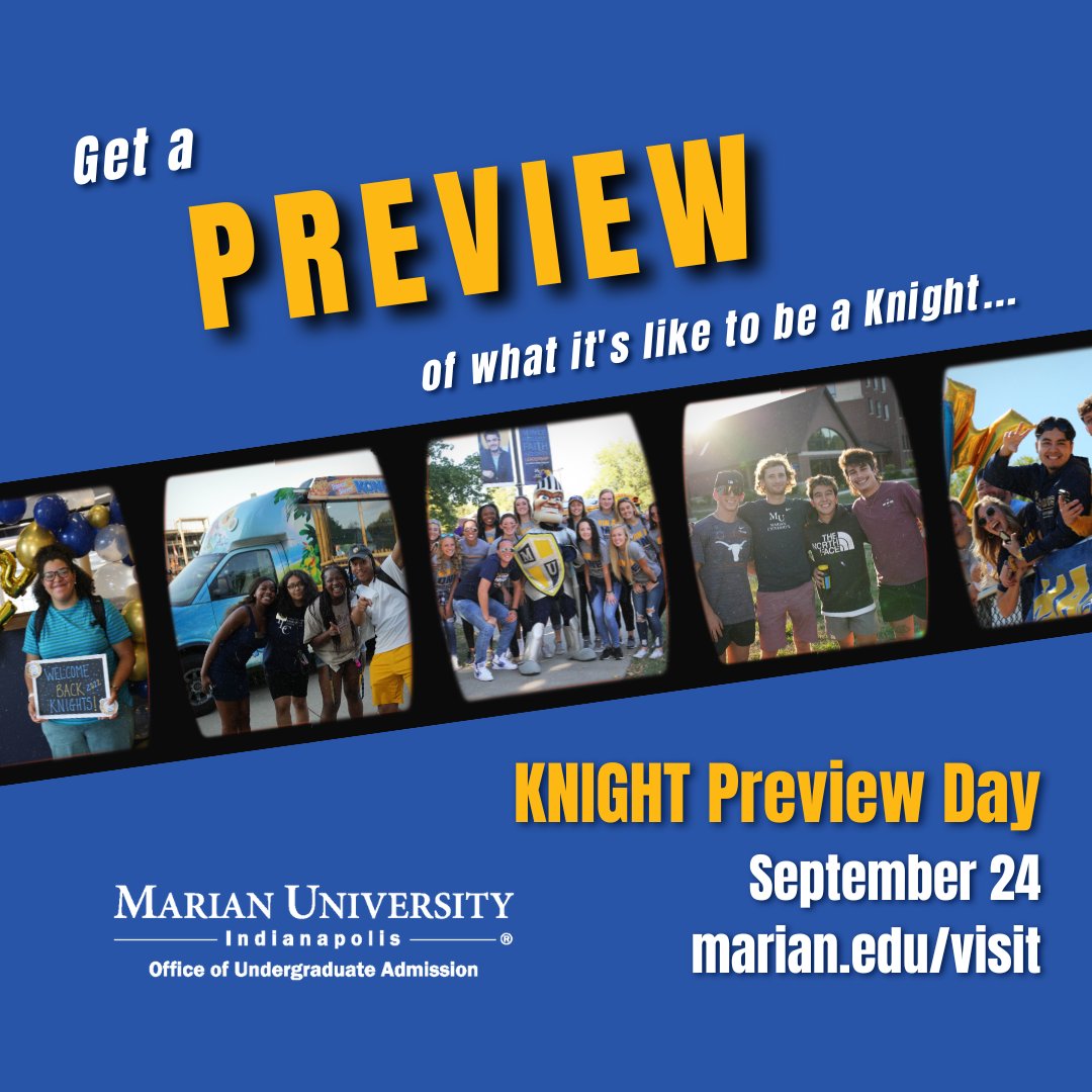 Our first KNIGHT Preview Day is just around the corner! KNIGHT Preview Days are the perfect opportunity for freshman-junior students to come and take an official campus visit! 

Register today! marian.edu/visit 

#GoKnights