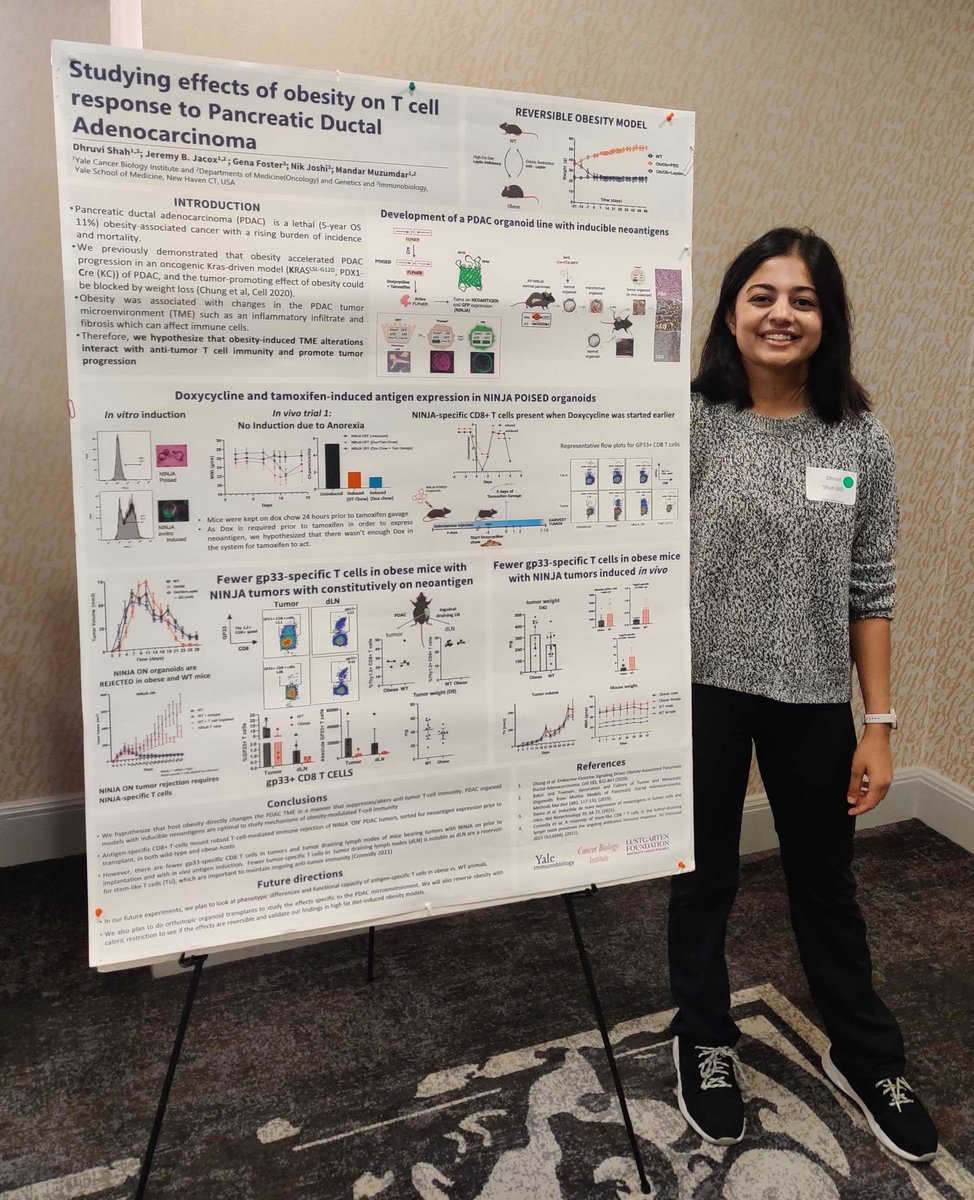 MuzumdarLab's tweet image. Kudos to postgraduate student @Dhruvishahh (co-mentored by @Joshilabyale) for presenting on how #obesity modulates the anti-tumor T cell response in #PancreaticCancer at the @YaleIBIO retreat! @YaleCancer @Yale_CIO @lustgartenfdn