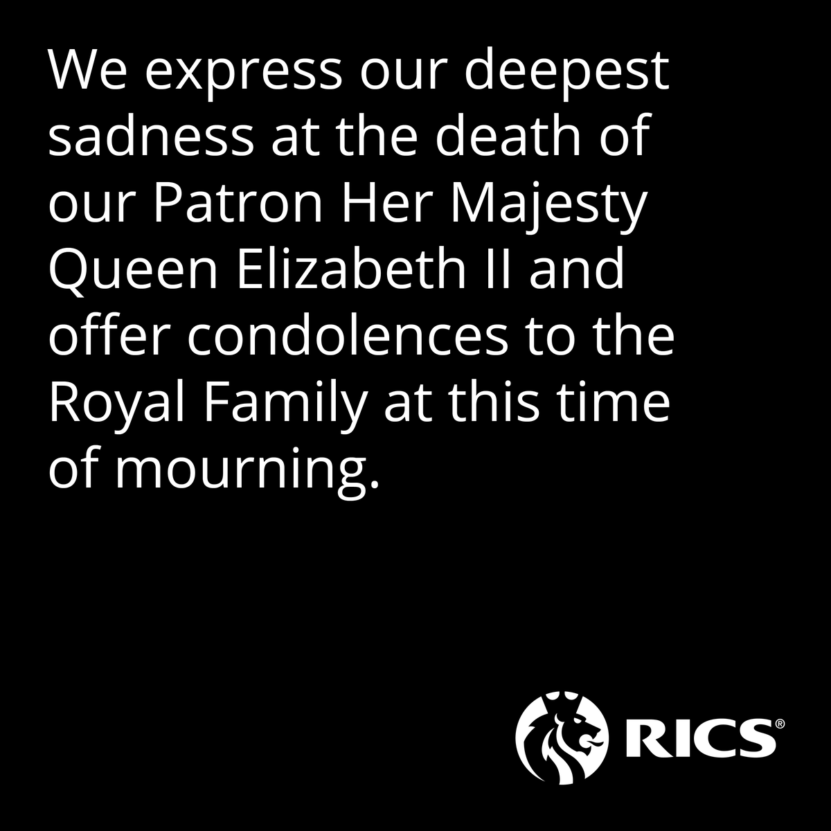 RICSnews's tweet image. We express our deepest sadness at the death of our Patron Her Majesty Queen Elizabeth II. Read our message: ms.spr.ly/6011jsnOf