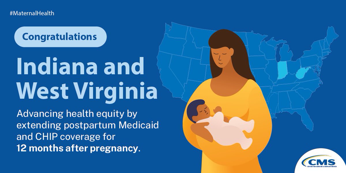 Today <a href="/CMSGov/">CMSGov</a> approved 12 months of postpartum #Medicaid and #CHIP coverage in Indiana &amp; West Virginia. As a result, an estimated 15k individuals annually will be eligible for health coverage for a full year after pregnancy. cms.gov/newsroom/press…