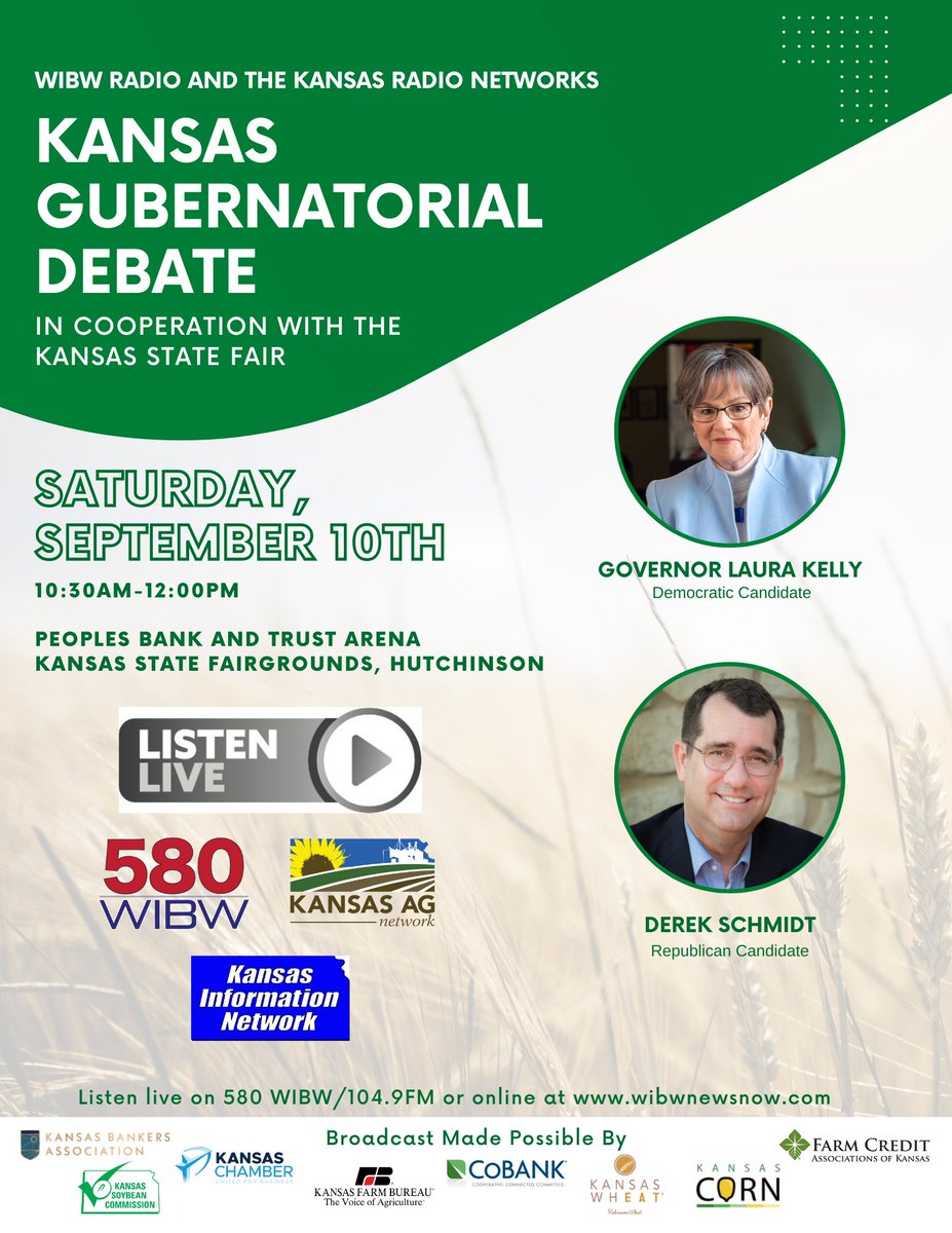 KansasChamber's tweet photo. Don’t miss the Kansas Gubernatorial Debate this Saturday in Hutchinson, sponsored by the Kansas Chamber! Listen Live on 580 WIBW/104.9FM or online at https://t.co/gf9Ogox6HV from 10:30 AM to 12:00 PM.
#KSJobCreators #KansasElection #KansasGoverner #Candidates #Debate https://t.co/OqZOx3CfYk