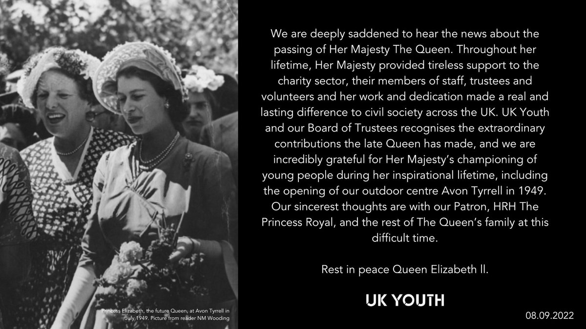 UKYouth's tweet image. We are deeply saddened to hear the news about the passing of Her Majesty The Queen. Our thoughts are with our Patron, HRH The Princess Royal, and the rest of The Queen's family at this difficult time. 🕊️🤍