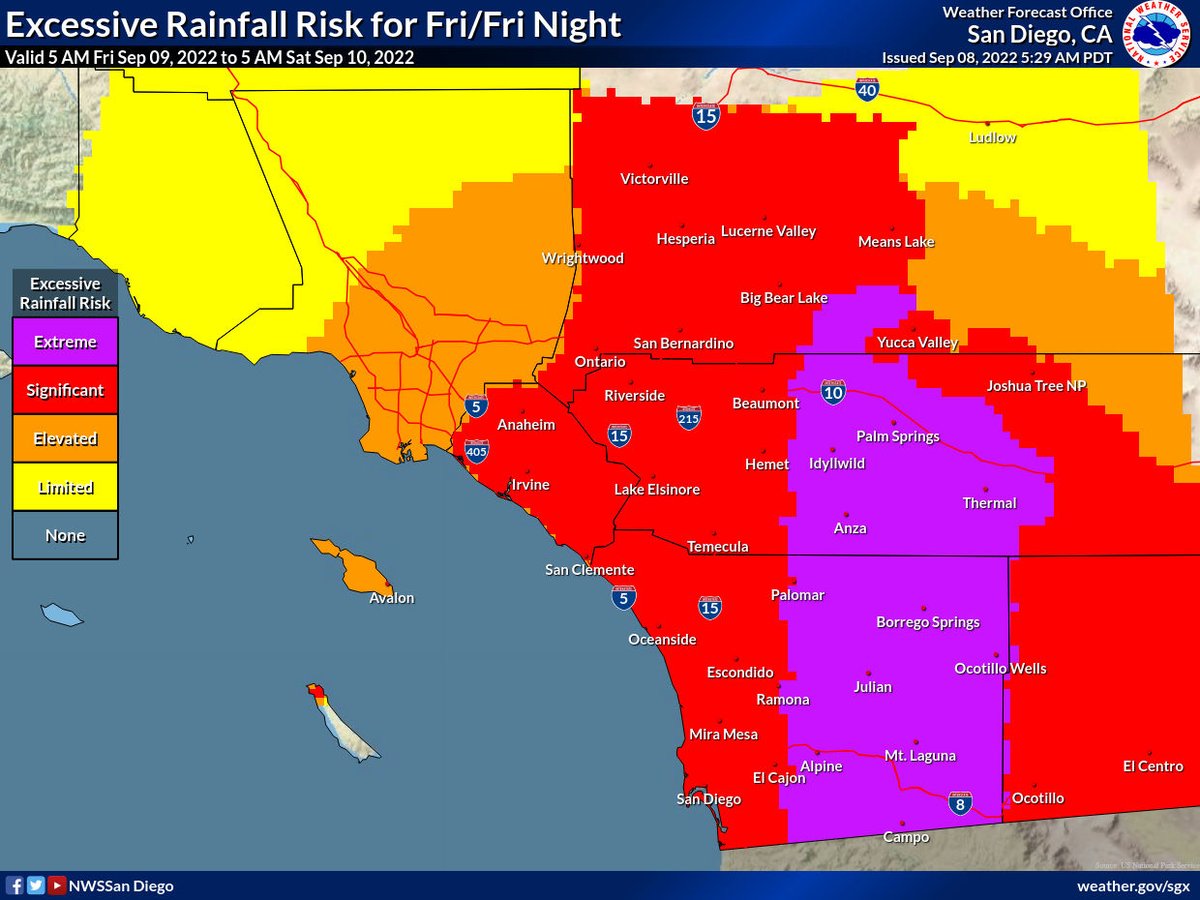 The excessive rainfall potential is shown here, highest threat of too much rain at once is the purple shaded area, mountains and desert slopes #CAWX #socal #TCKay