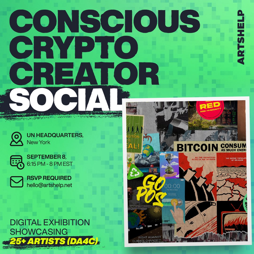 t-minus 4 hours (6 pm EST) :tada: :star-struck: Tonight is our Conscious Crypto Creator social <a href="/United/">United Airlines</a> Nations HQ :round_pushpin: New York -- Thank you to everyone who registered. See you soon! <a href="/artshelpnet/">Arts Help</a> #ConsciousCryptoCreator