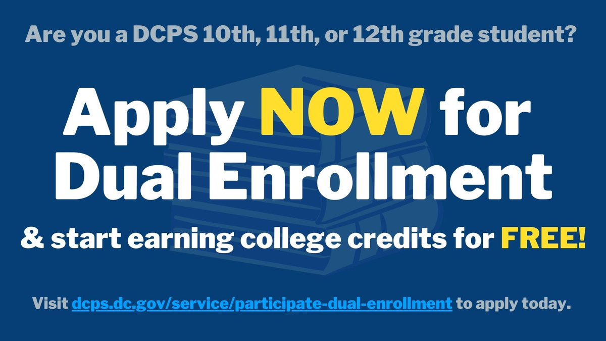 Interested in earning college credits for FREE? DCPS students in grades 10-12 can apply for Spring 2023 Dual Enrollment today! Click the link to learn more: dcps.dc.gov/service/partic…