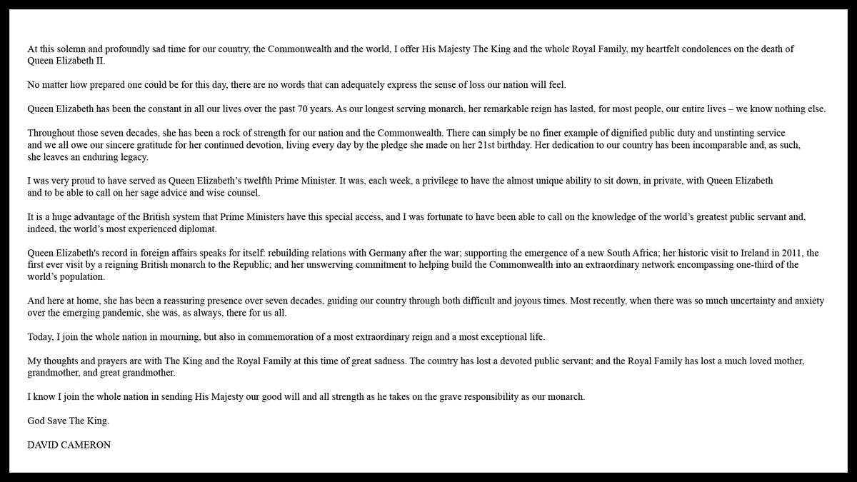 At this solemn and profoundly sad time for our country, the Commonwealth and the world, I offer His Majesty The King and the whole Royal Family, my heartfelt condolences on the death of Queen Elizabeth II. My statement: