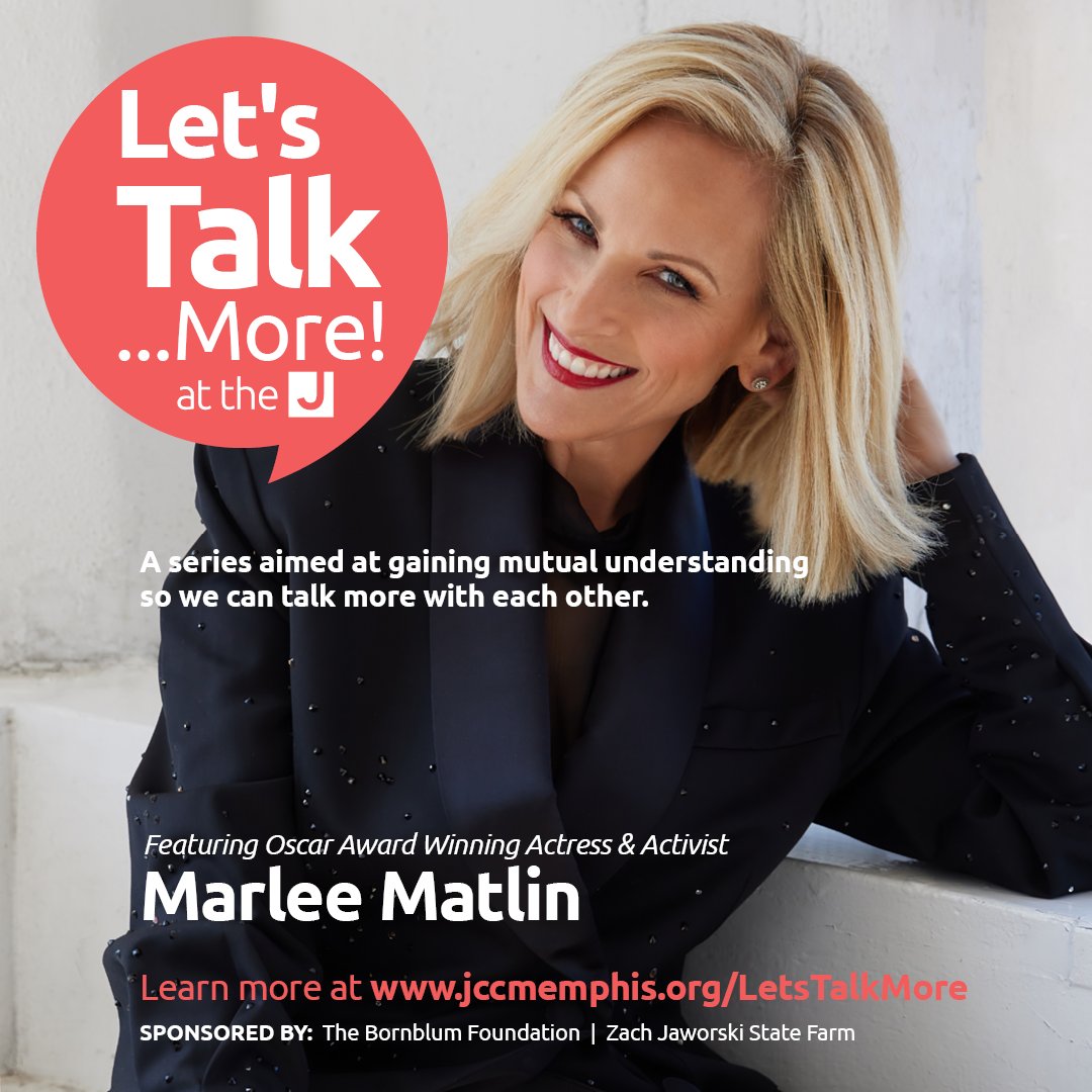 Sunday, Nov 13, Let's Talk...More! is a series aimed at gaining mutual understanding so we can talk more with each other. The keynote event features Oscar Award Winning Actress &amp; Activist Marlee Matlin. Follow-up events feature various community leaders. jccmemphis.org/jewish-living/…