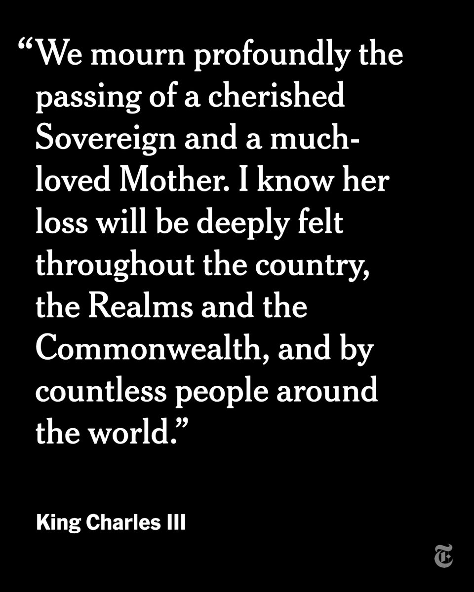 nytimes's tweet photo. The death of Queen Elizabeth II elevated her eldest son, Charles, to the monarchy. “The death of my beloved Mother, Her Majesty the Queen, is a moment of the greatest sadness for me and all members of my family," he said. https://t.co/QiOe4mAl5C https://t.co/M00Yv2SjAj