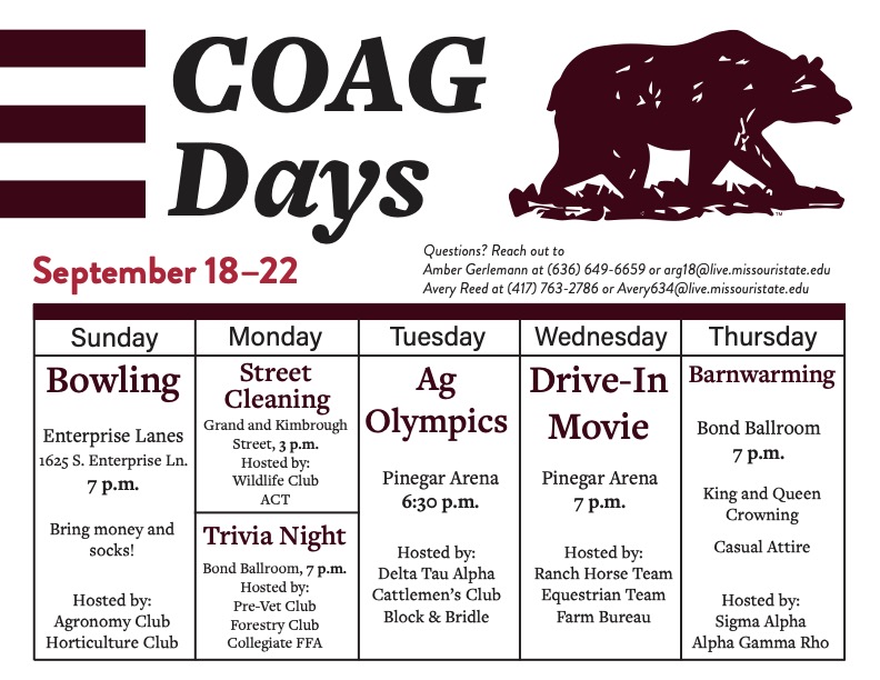 mostateag's tweet photo. Join the fun by participating in this year's COAG Days! The club presidents and co-chairs have been working diligently to guarantee fellowship and fun at each event!

If you have any questions, reach out to the COAG Days Co-Chairs, Amber Gerlemann or Avery Reed. https://t.co/nn8scaqq8Q