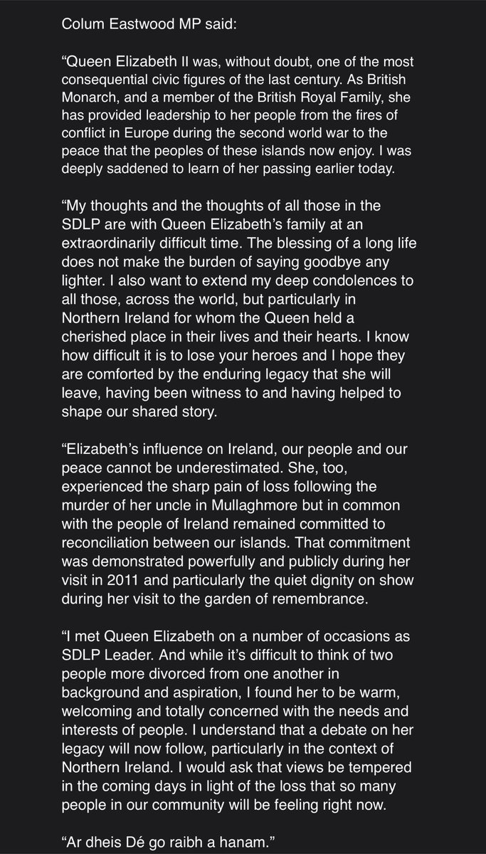 SDLPlive's tweet photo. A statement from SDLP Leader @ColumEastwood following the passing of Queen Elizabeth.

Our thoughts are with all of those for whom the Queen held a cherished place in their lives and their hearts.

Ar dheis Dé go raibh a hanam. https://t.co/orr1m3Vjjj