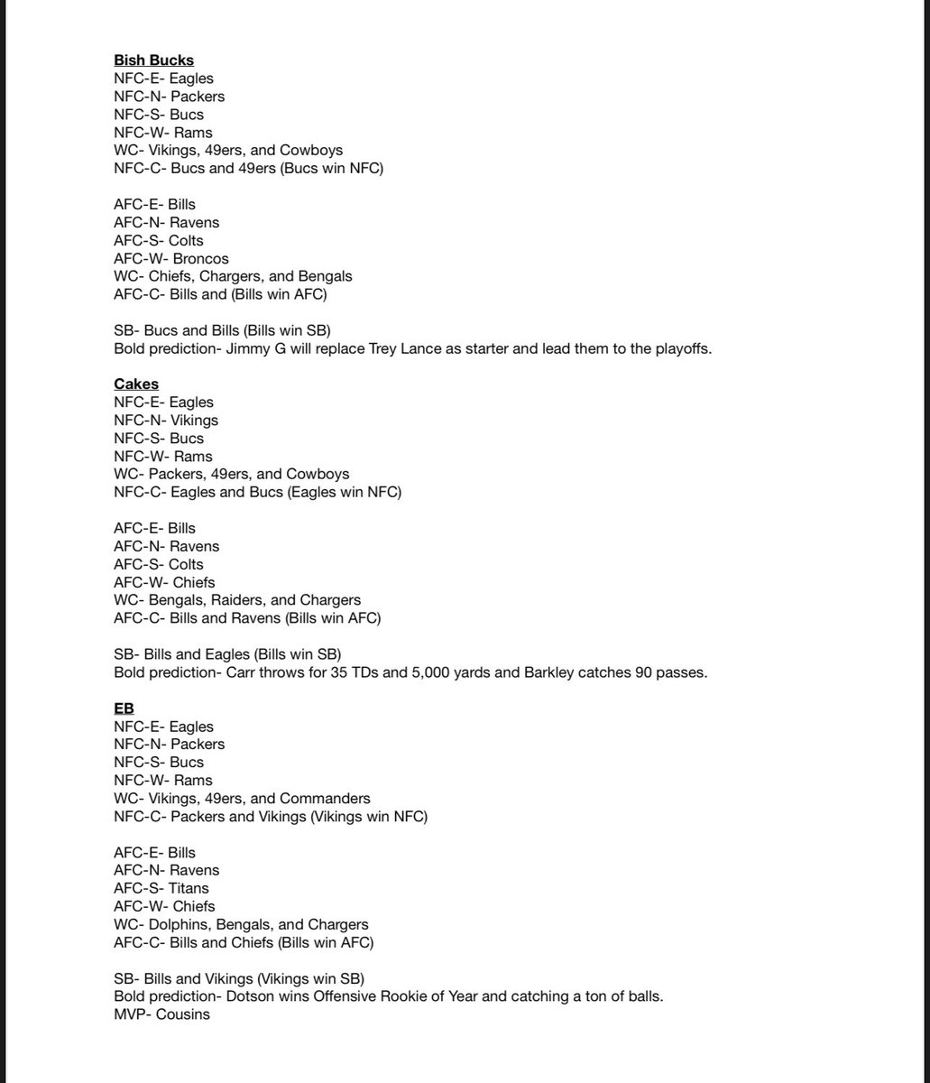 buckybolen's tweet photo. The @JunksRadio NFL predictions. @PickingFatties @moneymetalcakes @EBJunkies @GlassJoeJP @drabtshirt @matt_valdez @AwaddRadio @1067theFan #thejunkies #thejunks #NFL #1067thefan https://t.co/fQpY4pOsfC