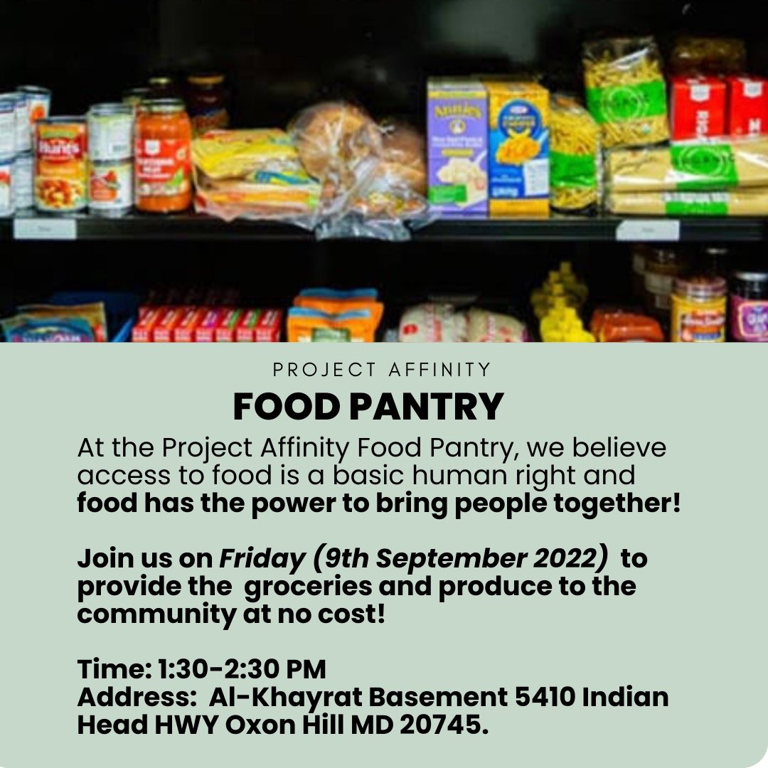 1affinity's tweet photo. Join us tomorrow! ✨💚

#foodpantry #projectaffinity #fightfoodinsecurity #helpneedypeople #joinusasvolunteer #groceriesdistribution #DCngo #savefood #givefoodtodeserving #foodpatrol #alkhayrat #alkhayratcatering #oxonhill https://t.co/VnN1sHFI7Y