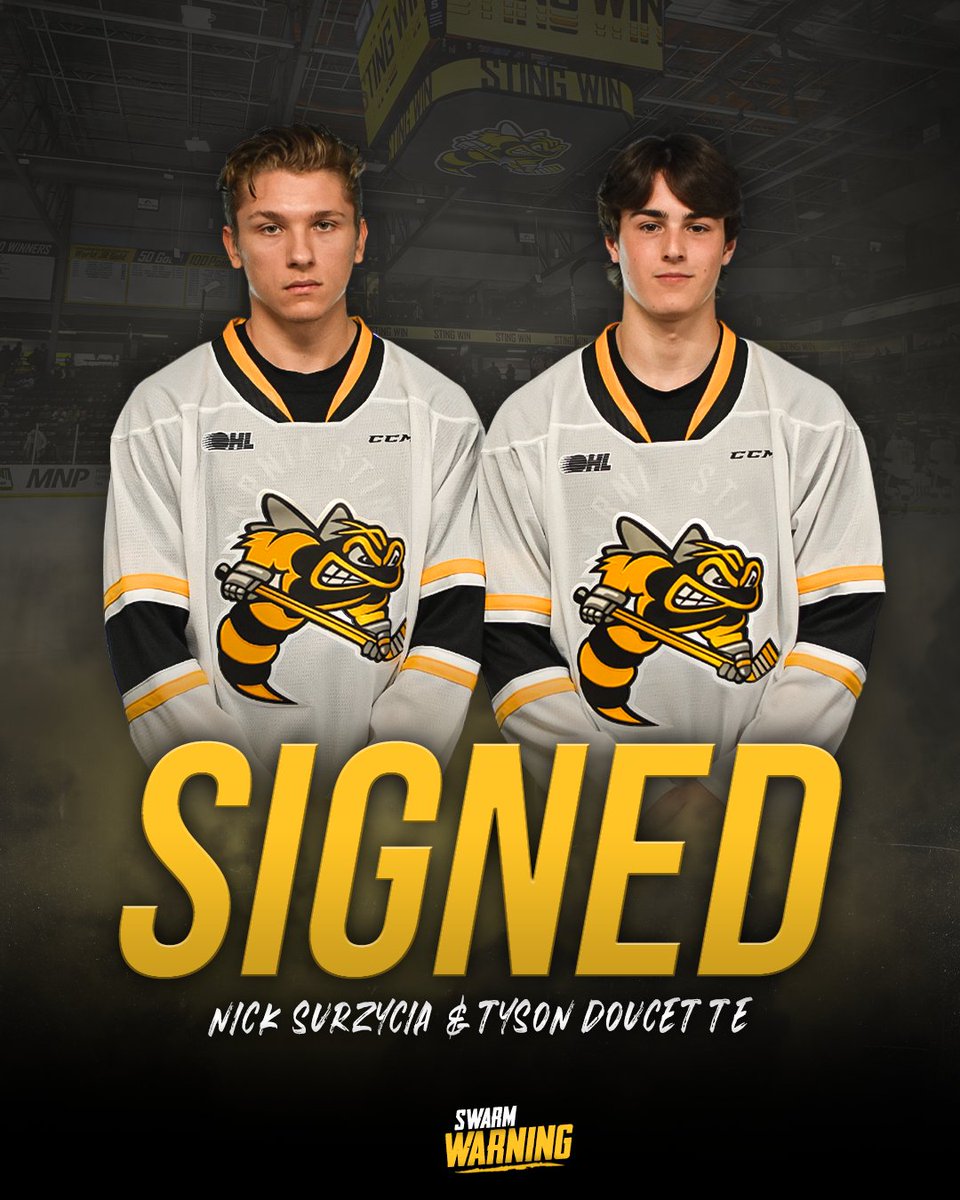 StingHockey's tweet photo. 🚨 JUST ANNOUNCED 🚨

The Sarnia Sting have officially signed Forward Tyson Doucette &amp;  Goaltender Nick Surzycia to OHL Standard Player Agreements 🖊️

Read more here: https://t.co/cYU9fzTZJU

#SwarmWarning🐝 https://t.co/Orl0kUGtoQ