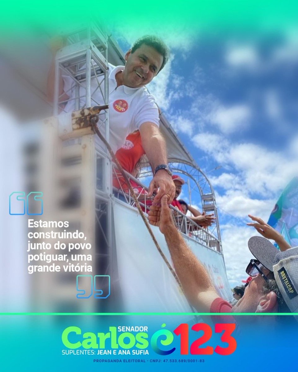 carlose55psd's tweet photo. Trabalho, dedicação e, acima de tudo, respeito pelo nosso estado. Juntos iremos batalhar por um RN cada vez mais próspero. Vamos à luta! Vamos à vitória. 

Dia 02 de outubro é 1️⃣2️⃣3️⃣ para o Senado. https://t.co/WgNRYkGKo2