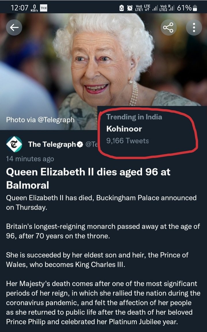 Samiran106's tweet photo. Queen Elizabeth dies and the first thing that india trends is Kohinoor💎
#QueenElizabeth #Kohinoor https://t.co/EMiqDyJwhY