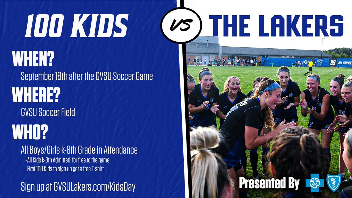 GVSUsoccer's tweet photo. Kids, come play against the champs! 

We are having a 100 kids vs the Lakers event after our game on September 18th. The first 100 kids to register will receive a t-shirt and be invited on the field to play against the team!

Signup today at https://t.co/xVRtBvk5dh

#AnchorUp https://t.co/NKqN7lOdtm
