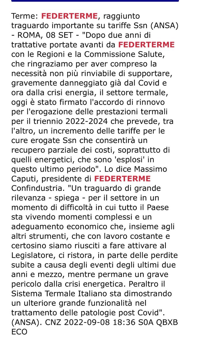 federterme's tweet photo. Raggiunto traguardo importante su tariffe #SSN Firmato accordo di rinnovo per erogazione prestazioni termali 2022- 2024 #sanita #Salute #Economia https://t.co/pSniexKeTM