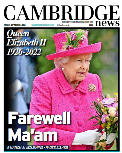 Tomorrow's Cambridge News front page features a picture from Her Majesty's visit to Cambridge in 2019 #TomorrowsPapersToday