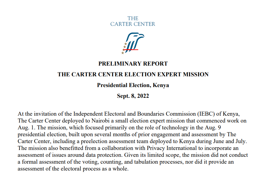 CarterCenter's tweet image. ICYMI: In a report released earlier today, an @CarterCenter expert team focused on how #electiontechnology in the #Kenyaelection had made good progress but more needs to be done &amp;amp; urged officials to start prepping early for 2027. Full report: bit.ly/3RrpjK3