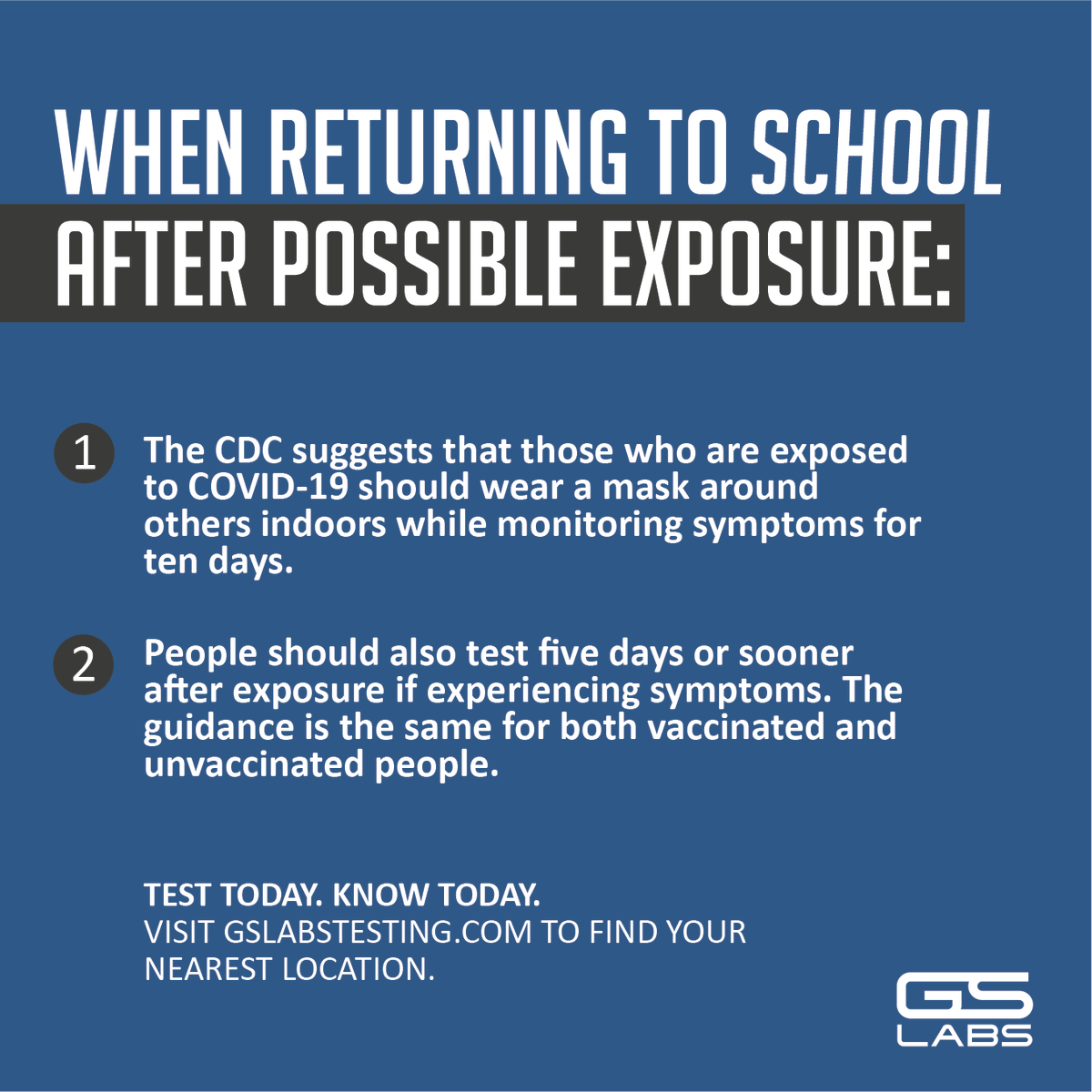GSLabsTestingUS's tweet photo. Is your child returning to school after possible COVID-19 exposure?

Listed below are the steps you should take to help reduce the possibility of spreading the virus.
 
In need of a COVID-19 test?
Visit our website to schedule one today. ⬇️
📲 https://t.co/uobcl2ztqm https://t.co/HcKP35aZWq