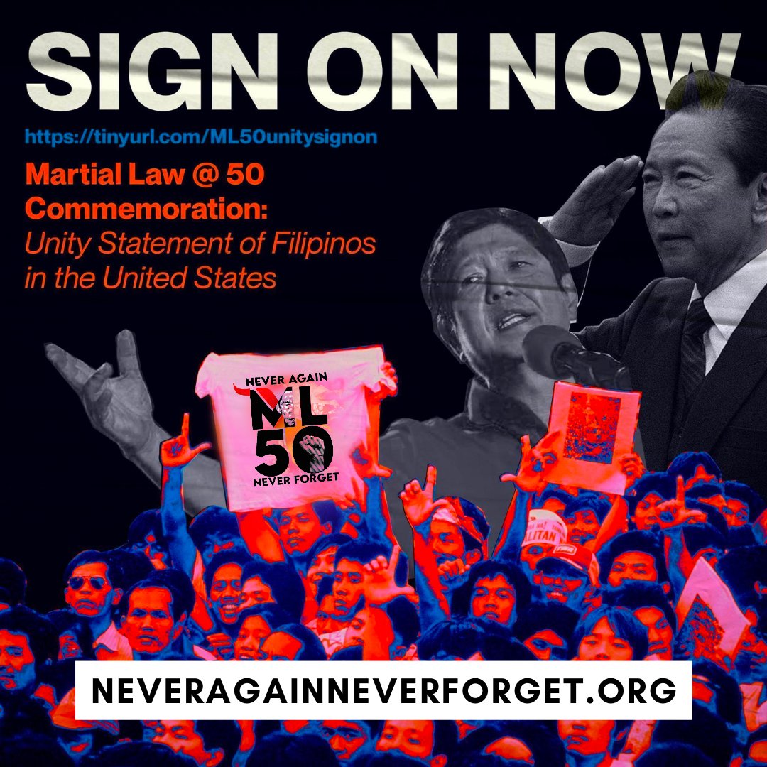 malaya_movement's tweet photo. 9/21/22 marks the 50yr anniv of Marcos Sr's declaration of Martial Law. His son, Marcos Jr, is set to speak at the @UN General Assembly on the same day. Sign on to "ML@50 Commemoration: Unity Statement of Filipinos in the U.S.": https://t.co/9pnsfQifjj #rejectmarcos #NeverAgain https://t.co/GidXAsnm1S