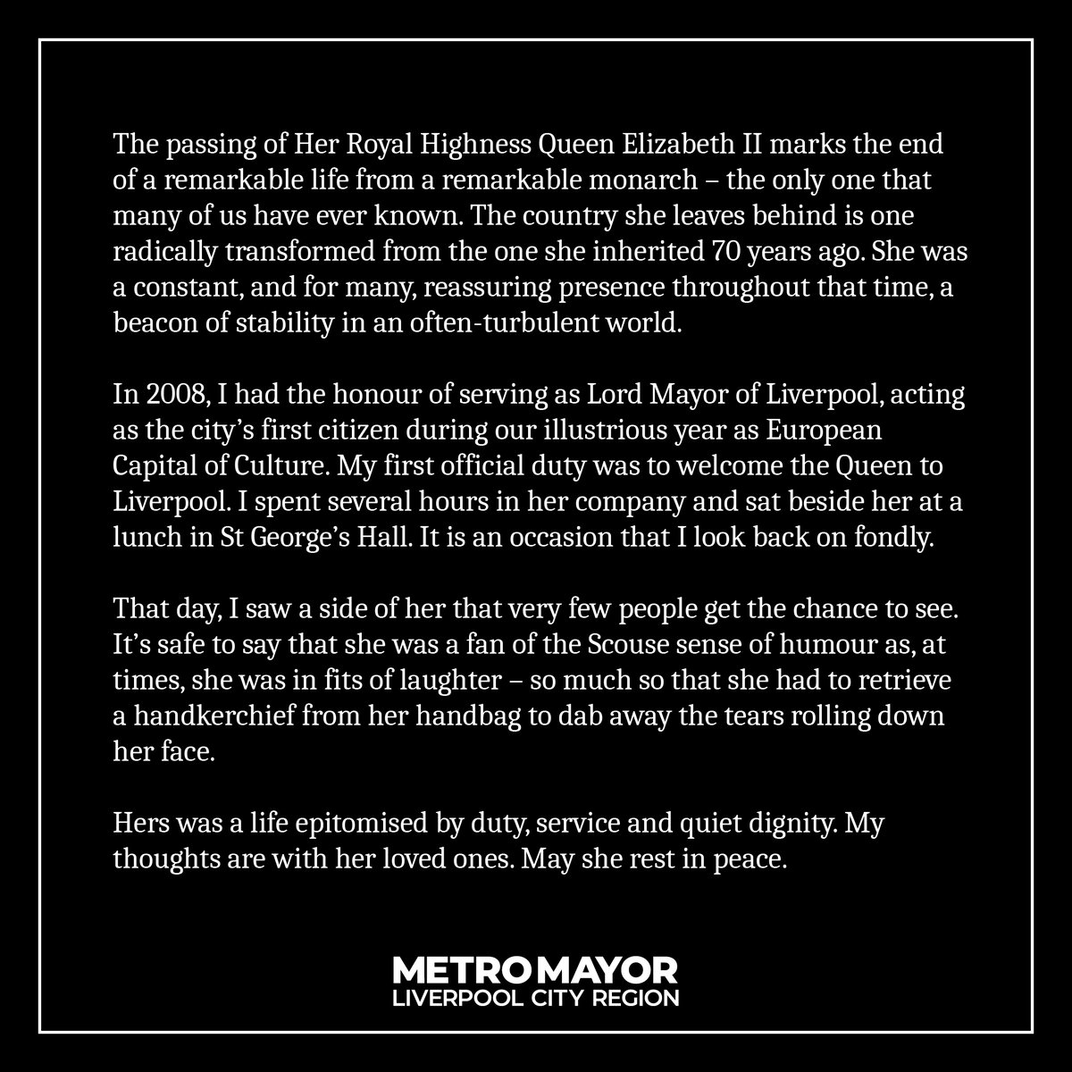 LCRMayor's tweet photo. Hers was a life epitomised by duty, service and quiet dignity. My thoughts are with her loved ones. 
May she rest in peace. https://t.co/ojJT9DVkxs