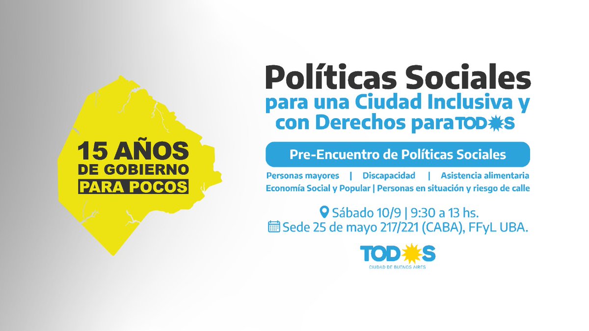 Sumate a debatir sobre políticas sociales, a 15 años gobiernos macristas en la Ciudad.
📆 Sábado 10 de septiembre
🕛 9:30 a 13:00hs.
📍 25 de mayo 217/221, CABA (Sede de la Facultad de Filosofía y Letras de la UBA)

Inscribite acá👇 forms.gle/QHe6S8aD3bTPQz…