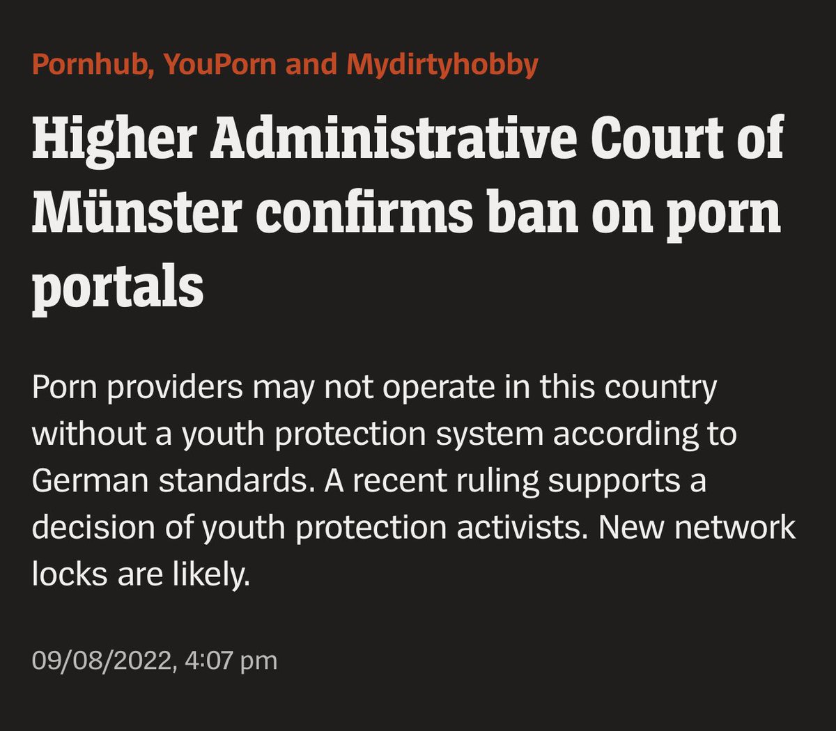 NEWS: The German government confirms they are shutting down MindGeek sites Pornhub, YouPorn and Mydirtyhobby for failure to protect children unless they implement reliable age verification. MindGeek’s widespread abuse of children is finally coming to an end.  #Traffickinghub 
