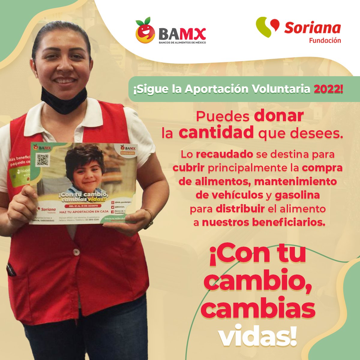 bamxmerida's tweet photo. Volvió la aportación voluntaria en Soriana. Dona tu cambio o la cantidad que quieras y ayuda a reducir el hambre en México. El dinero servirá para cubrir la distribución del alimento y entregarlo a nuestros beneficiarios. #NosLlenaAlimentar #AlimentamosaMexico #BancosQueAlimentan https://t.co/89w3KYfSeA