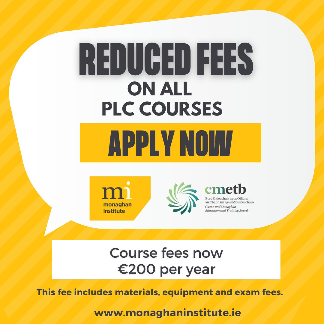 Great News announced recently by @CavMonETB regarding Course Fees at Monaghan Institute this year. ow.ly/s4mc50KqC9K Apply Now to study with us this September. #MI #YourFutureStartsHere