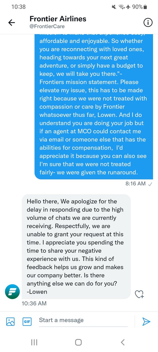 BrandyMi's tweet photo. &amp; the runaround continues- @FlyFrontier @FrontierCare you have both the opportunity and ability to make this right; turnaround our otherwise awful experience, maybe @JetBlue wants to jump in? X2 days at the airport with complete disregard, &amp; no rebook or reimbursement offered https://t.co/hOXR9JgNwA