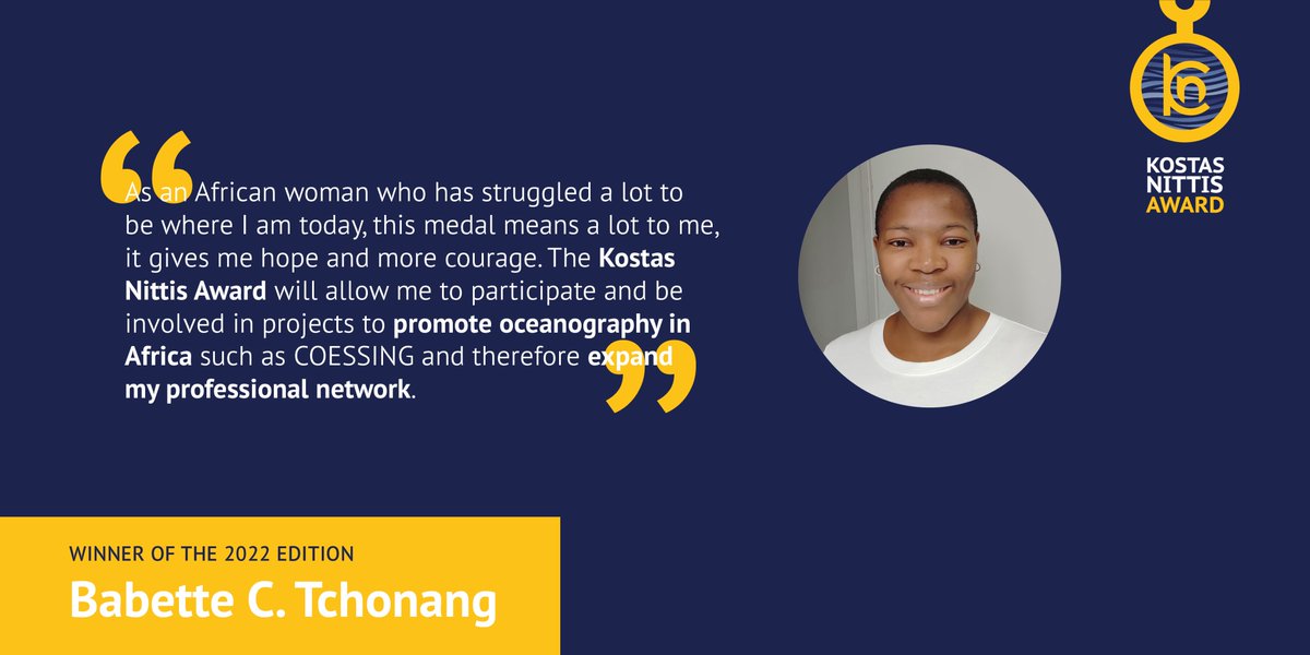 🎉 Congratulations to Dr Babette C. Tchonang, winner of the 2022 #KostasNittisMedal for her work on the SWOT Observing System Simulation experiments in global and regional data assimilation systems. You will inspire many other women in oceanography and #WomenInScience! 👩‍🔬