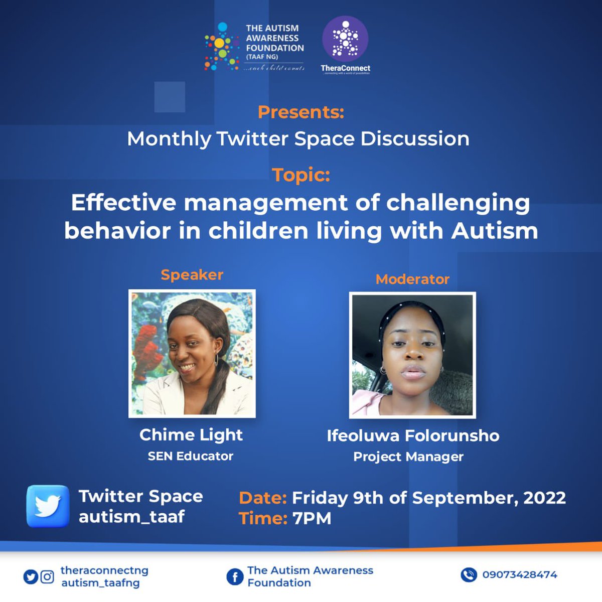 Join us on Tomorrow 9th of September 2022 by 7pm WAT on our twitter space to learn about Autism.

#twitterspaces #challengingbehaviors #childrenwithautism