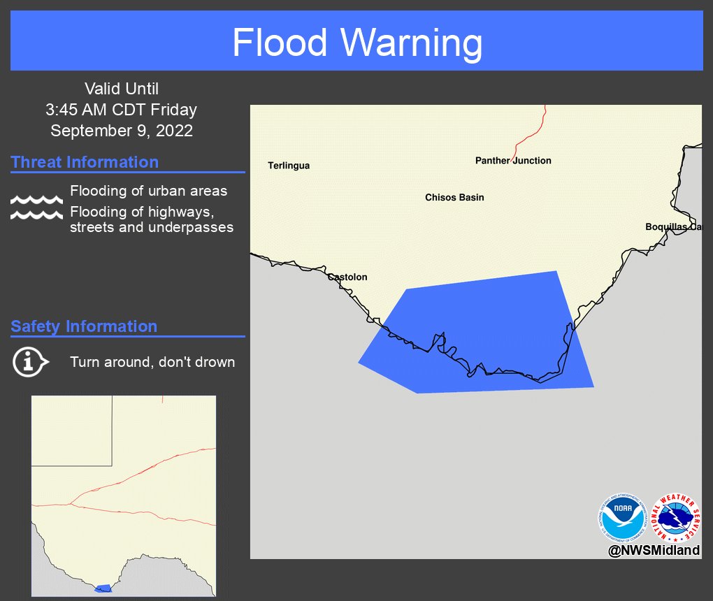 NWSMidland's tweet photo. The Flood Warning Is Extended. https://t.co/mOUyTeq5NQ #txwx #nmwx https://t.co/vw8xQN69KZ