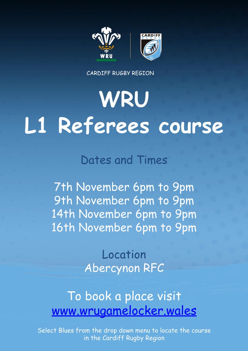 ClarkeWRUEdu's tweet photo. 🚨Level 1 Referees course 🚨

3 venues across the region.
@TaffsWellRFC 
@Llandaff_RFC 
@AbercynonRFC 

@WRU_Community
Book via the Games Locker https://t.co/4nNSJaAJai

#rugby #ref #Wales #cardiffregion https://t.co/CPDIyGqATD