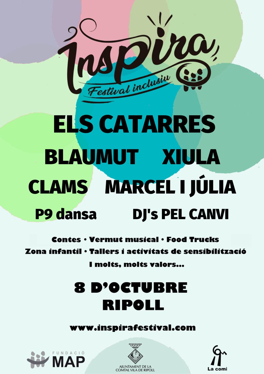 fundaciomap's tweet photo. 💜Compte enrere per l'INSPIRA Festival Inclusiu💜
Queda un mes per gaudir de la gran festa dels valors i les persones de la #FundacióMAP estem enllestint tots els detalls.
❗ El 8 d'octubre, no us el perdeu!! 
🎫Les entrades volen!!! Compreu-les a https://t.co/TDS0jxuaVQ https://t.co/XDdWy1UyLE