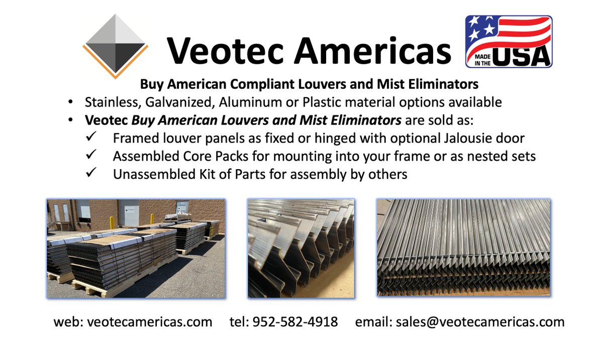 Veotec's tweet photo. Veotec Americas is now forming stainless &amp; galvalume SE1 &amp; SETH mist eliminating vane separator louvers in USA. This additional capacity strengthens our manufacturing processes and reduces supply chain risk. All Veotec louvers and mist eliminators can now qualify as Buy American. https://t.co/0WLaZtoFnI