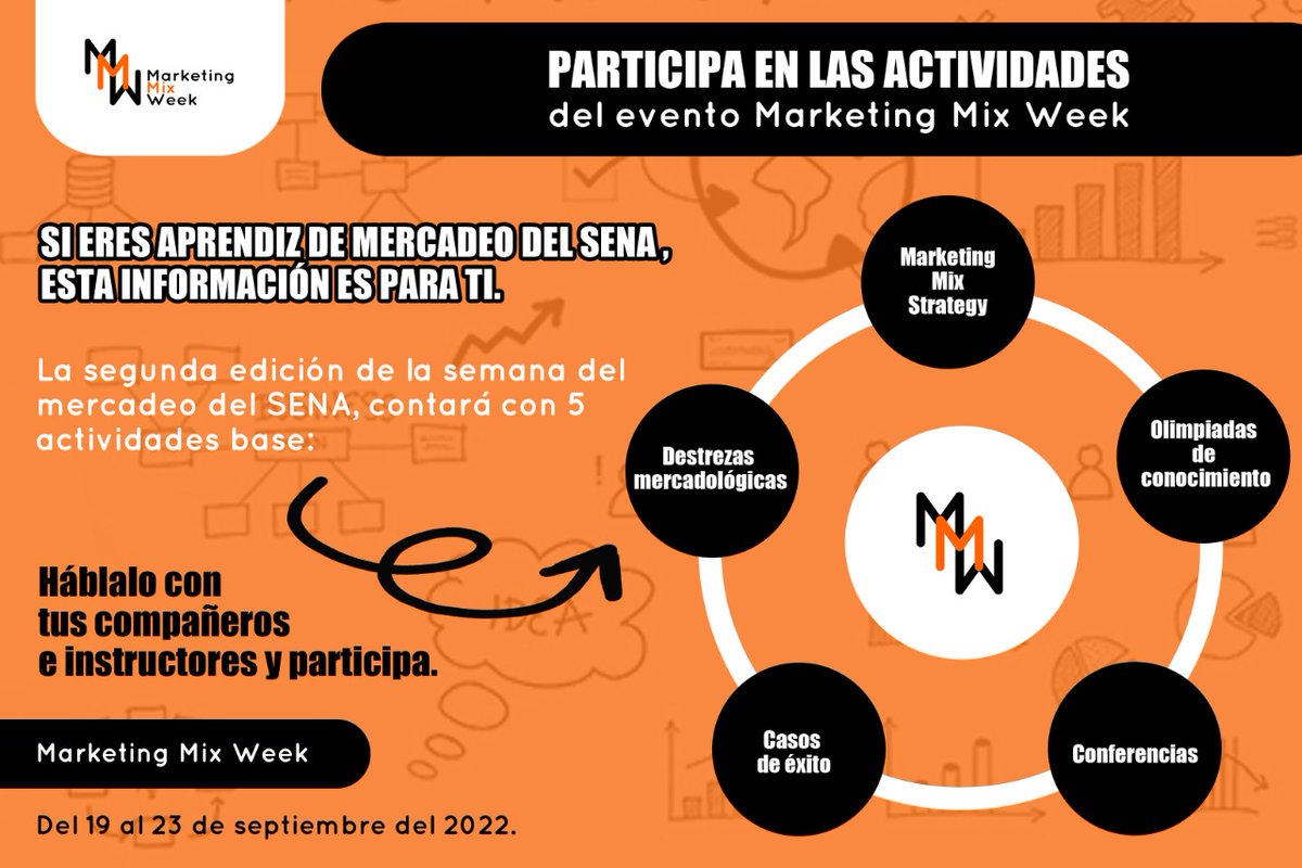 mmwsena's tweet photo. Si eres aprendiz SENA en alguno de los programas de formación en mercadeo, podrás asistir virtualmente a las actividades MMW 2022. Síguenos en nuestras Redes Sociales como @mmwsena https://t.co/hfe8ikvVMf 
Muy pronto conocerás la agenda del evento
#marketingmixweek
#mmwsena
#sena https://t.co/naIrFh4HAg