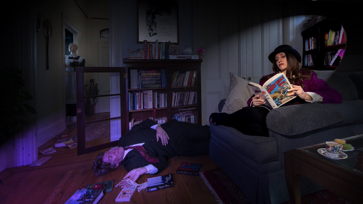 jwmartist's tweet photo. Suspects from the childhood board game #Clue become the victims of my social commentary in my #series #GetAClue.”  Words are like weapons and their intention can be quite cutting.  #thelibrary #professorplum #photography #stagedanddirected https://t.co/unSasrxbNw