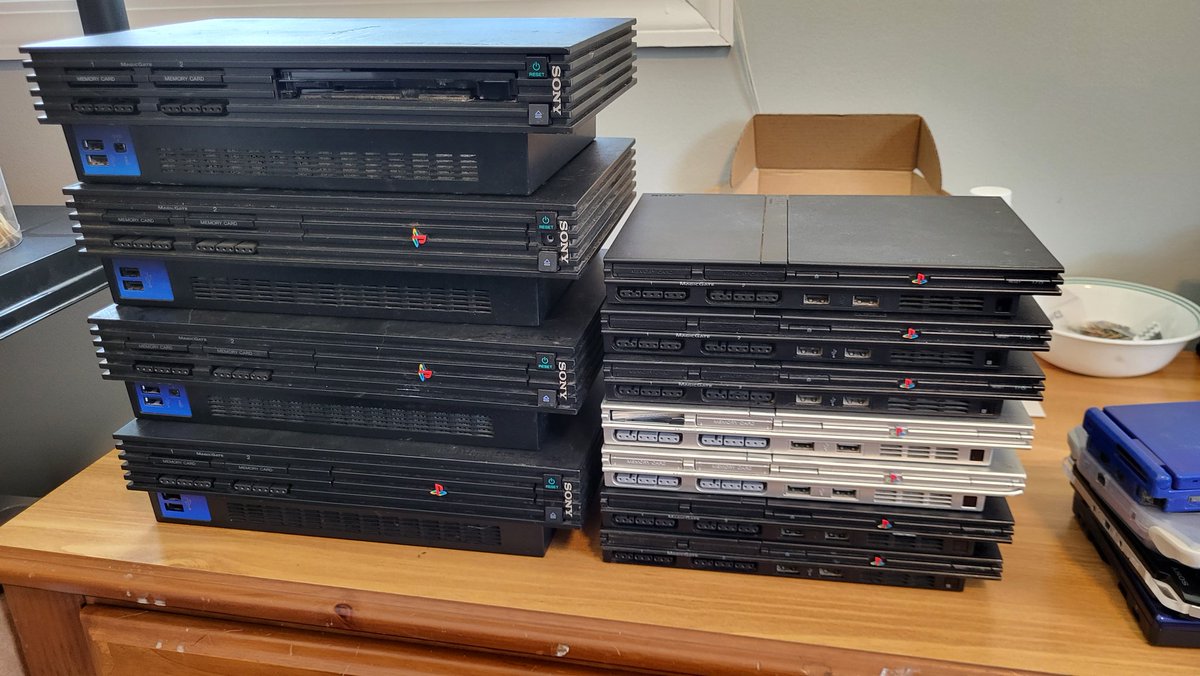 DeltaDriveGames's tweet image. If I could go back to the year 2002 and tell little me how many PS2's you'll be in possession of someday, little me wouldn't believe it. It would be like a fairly tale. (All are in the shop for testing and repairs, not to keep sadly) #PlayStation