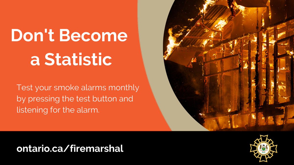 81 fire-related fatalities in #Ontario so far this year. Half of Ontario's fatal house fires did not have a working #SmokeAlarm. Don't become a statistic – test your smoke alarms regularly by pressing the test button. #FireSafety
#NoMoreFireDeaths